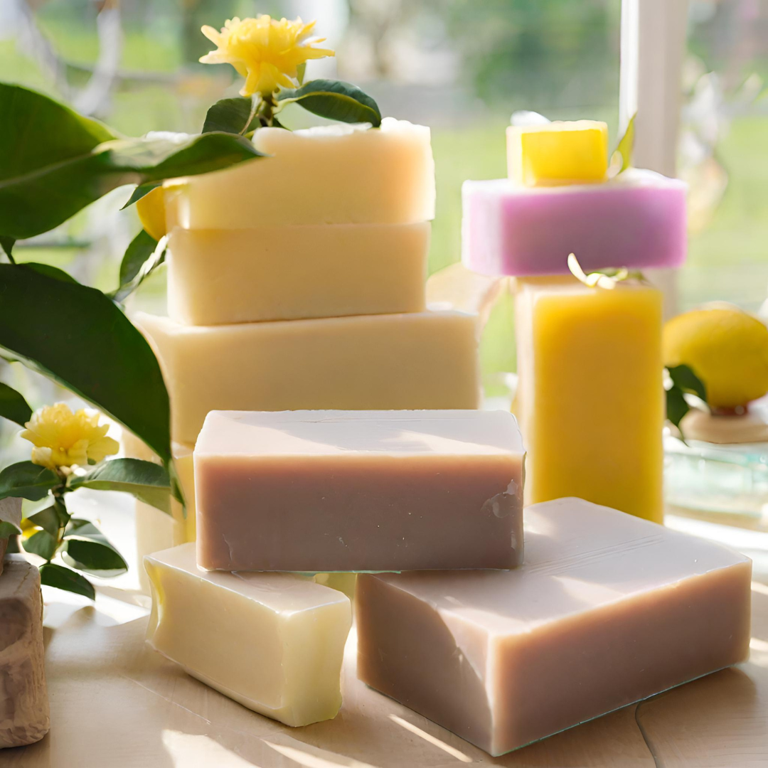 Handcrafted natural soap bars made with organic oils and butters, featuring eco-friendly packaging and natural ingredients, ideal for sensitive skin and promoting sustainability.